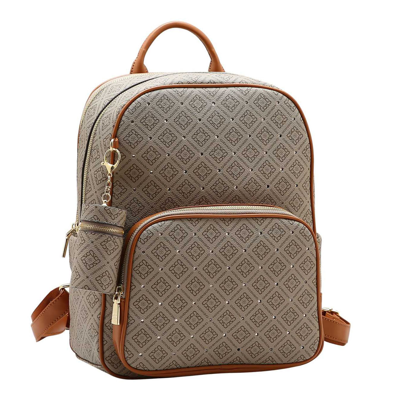 Mochila feminina Chenson Monograma Luxo bege com estampa monogramada, detalhes em PU marrom, vista frontal esquerda